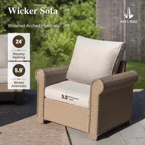 6-Piece Patio Furniture Set, All Weather 7 Seats Outdoor Wicker Sofa with Ottomans, Rattan Patio Conversation Set with 5.5" Cushions and 44" Coffee Table, Beige