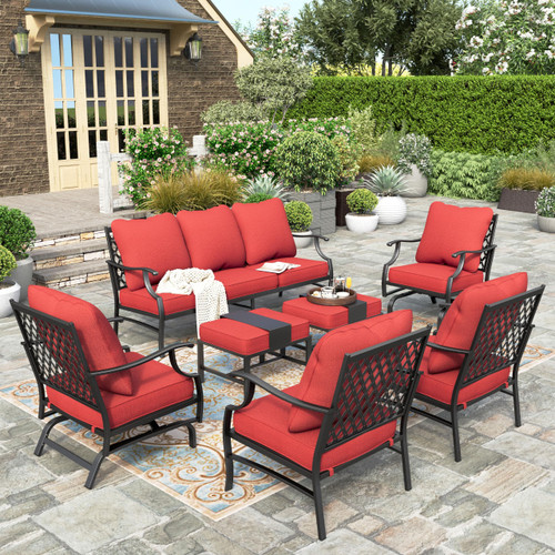 7 Piece Patio Furniture Set, 2 x Rocking Chair, 2 x Fixed Chair, 2 x Ottoman, 1 x 3-Seat Sofa, All Cushioned 9 Seats Metal Outdoor Conversation Set for Lawn Garden Backyard