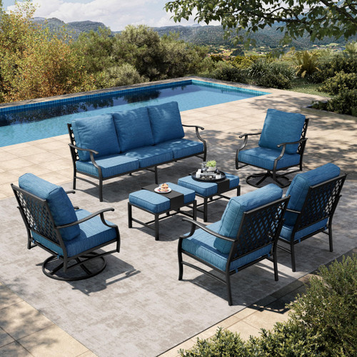 7 Piece Patio Furniture Set, 2 x Swivel Chair, 2 x Leg Chair, 2 x Ottoman, 1 x 3-Seat Sofa, All Cushioned 9 Seats Metal Outdoor Conversation Set for Lawn Garden Backyard