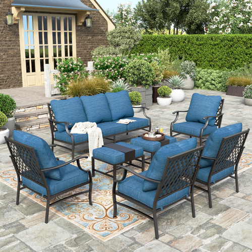 7 Piece Patio Furniture Set, 4 x Leg Chair, 2 x Cushioned Ottoman, 1 x 3-Seat Sofa, All Cushioned 9 Seats Metal Outdoor Conversation Set for Lawn Garden Backyard