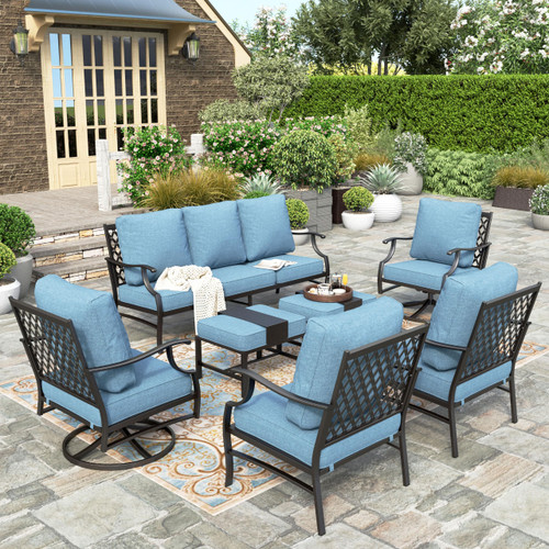 7 Piece Patio Furniture Set, 2 x Swivel Chair, 2 x Leg Chair, 2 x Ottoman, 1 x 3-Seat Sofa, All Cushioned 9 Seats Metal Outdoor Conversation Set for Lawn Garden Backyard
