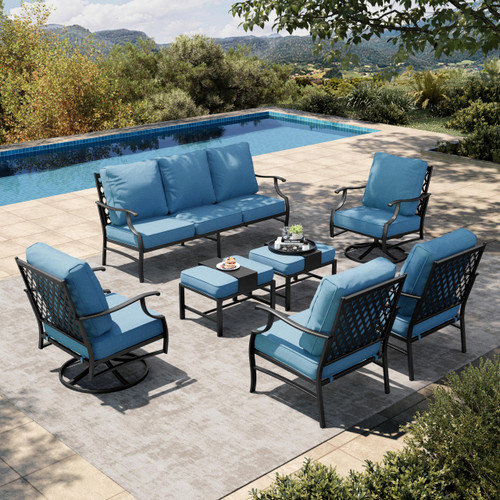 7 Piece Patio Furniture Set, 2 x Swivel Chair, 2 x Leg Chair, 2 x Ottoman, 1 x 3-Seat Sofa, All Cushioned 9 Seats Metal Outdoor Conversation Set for Lawn Garden Backyard