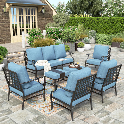 7 Piece Patio Furniture Set, 4 x Leg Chair, 2 x Cushioned Ottoman, 1 x 3-Seat Sofa, All Cushioned 9 Seats Metal Outdoor Conversation Set for Lawn Garden Backyard