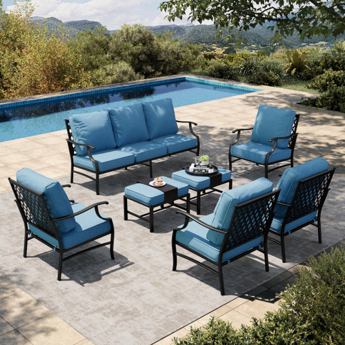 7 Piece Patio Furniture Set, 4 x Leg Chair, 2 x Cushioned Ottoman, 1 x 3-Seat Sofa, All Cushioned 9 Seats Metal Outdoor Conversation Set for Lawn Garden Backyard