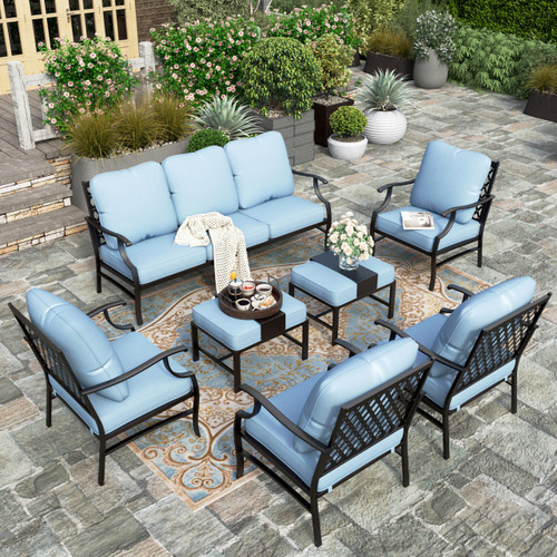 7 Piece Patio Furniture Set, 4 x Metal Cushioned Chair, 2 x Cushioned Ottoman, 1 x 3-Seat Sofa, Outdoor Conversation Set for Lawn Garden Backyard, Blue