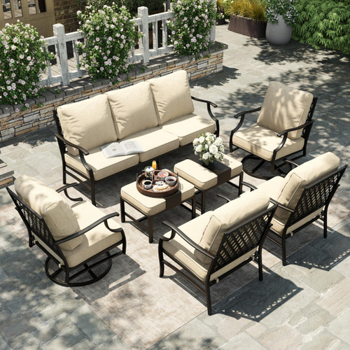 7 Piece Patio Furniture Set, 2 x Swivel Chair, 2 x Fixed Chair, 2 x Ottoman, 1 x 3-Seat Sofa, All Cushioned Outdoor Conversation Set for Lawn Garden Backyard