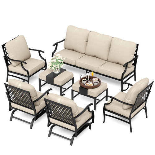 7 Piece Patio Furniture Set, 2 x Rocking Chair, 2 x Fixed Chair, 2 x Ottoman, 1 x 3-Seat Sofa, All Cushioned 9 Seats Outdoor Conversation Set for Lawn Garden Backyard