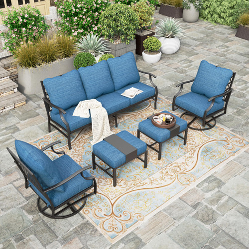 5 Piece Patio Furniture Set, 2 x Swivel Chair, 2 x Ottoman, 1 x 3-Seat Sofa, All Cushioned 7 Seats Metal Outdoor Conversation Set for Lawn Garden Backyard