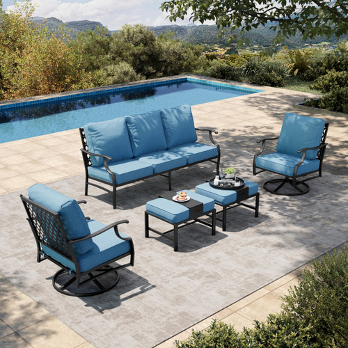 5 Piece Patio Furniture Set, 2 x Swivel Chair, 2 x Ottoman, 1 x 3-Seat Sofa, All Cushioned 7 Seats Metal Outdoor Conversation Set for Lawn Garden Backyard
