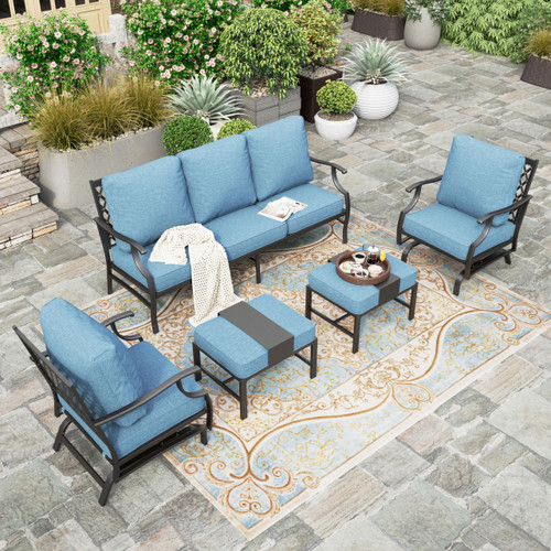 5 Pieces Patio Furniture Set, 2 x Rocking Chair, 2 x Ottoman, 1 x 3-Seat Sofa, All Cushioned 7 Seats Metal Outdoor Conversation Set for Lawn Garden Backyard