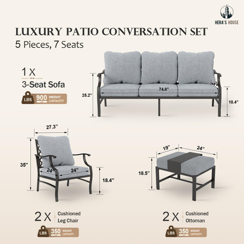 5 Piece Patio Furniture Set, 2 x Cushioned Metal Chair, 2 x Ottoman, 1 x 3-Seat Sofa, All Cushioned 7 Seats Outdoor Conversation Set for Lawn Garden Backyard, Grey