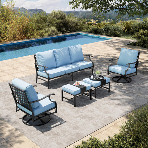 5 Piece Patio Furniture Set, 2 x Swivel Chair, 2 x Ottoman, 1 x 3-Seat Sofa, All Cushioned 7 Seats Outdoor Conversation Set for Lawn Garden Backyard, Blue