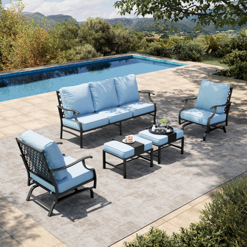 5 Pieces Patio Furniture Set, 2 x Cushioned Rocking Chair, 2 x Ottoman, 1 x 3-Seat Sofa, All Cushioned 7 Seats Outdoor Conversation Set for Lawn Garden Backyard, Blue