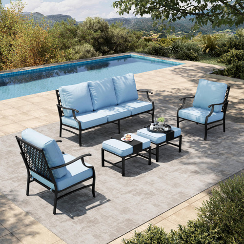 5 Piece Patio Furniture Set, 2 x Cushioned Metal Chair, 2 x Ottoman, 1 x 3-Seat Sofa, All Cushioned 7 Seats Outdoor Conversation Set for Lawn Garden Backyard, Blue