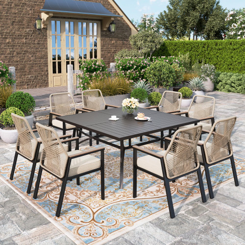 9 Pieces Patio Table and Chairs Set, Outdoor Dining Set for 8, 8 x Rattan Patio Chairs and 1 x 60 Square Metal Dining Table, Outdoor Rattan Dining Table Set for Lawn Garden Backyard