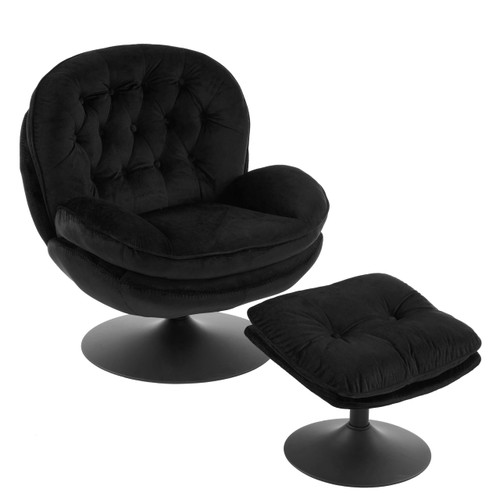Velvet Swivel Accent Chair with Ottoman Set, Modern Tufted Armchair with Footrest for Living Room, Reading TV Chair for Adults, Comfy Chaise Lounge Chairs with 360 Degree Swiveling for Bedroom, Black