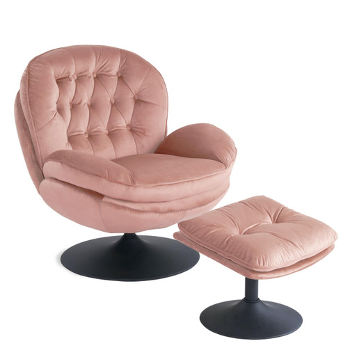 Velvet Swivel Accent Chair with Ottoman Set, Modern Tufted Armchair with Footrest for Living Room, Reading TV Chair for Adults, Comfy Chaise Lounge Chairs with 360 Degree Swiveling for Bedroom, Pink