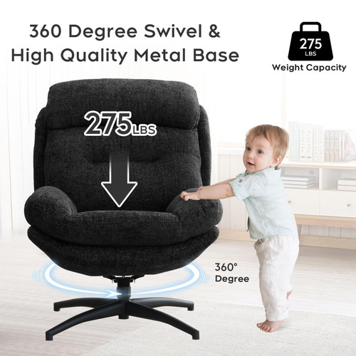 Chenille Swivel Accent Chair with Ottoman Set, Comfy Lounge Reading Chair with Ottoman, Modern 360 Rocking and Swiveling Lazy Single Armchair with Footrest for Bedroom, Black