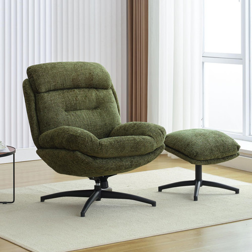Chenille Swivel Accent Chair with Ottoman Set, Comfy Lounge Chair Reading Chair with Ottoman, Modern 360 Rocking and Swiveling Lazy Single Chair with Footrest for Bedroom, Green