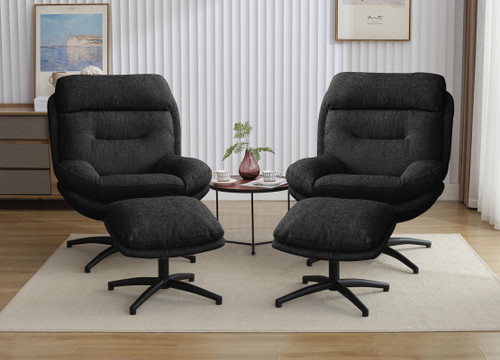 2PCS Chenille Swivel Accent Chair with Ottoman Set, Comfy Lounge Reading Chairs with Ottoman, Modern 360 Rocking and Swiveling Lazy Single Armchair with Footrest for Bedroom, Black