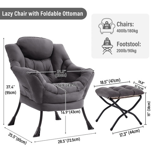 Lazy Chair with Ottoman, Modern Chair with Folding Footrest, Dark Grey Accent Chair, Comfortable Reading Chair, Oversized Armchairs for Bedroom, Study, Living Room, Courtyard