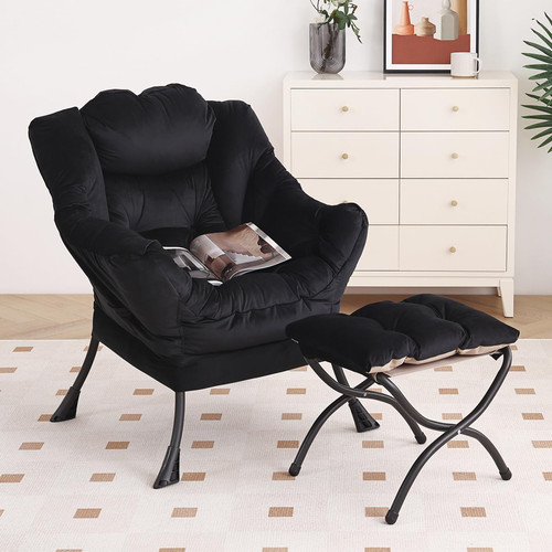 Lazy Chair with Ottoman, Modern Accent Chair with Armrests and a Side Pocket, Velvet Black Accent Chairs, Reading Chairs, Oversized Armchairs for Bedroom, Study, Living Room, Courtyard
