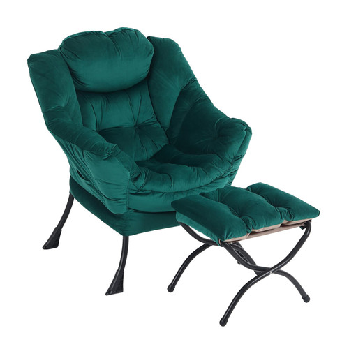 Lazy Chair with Ottoman, Modern Accent Chairs with Folding Footrest, Velvet Dark Green Sofa Chair Set, Reading Chairs, Oversized Armchairs for Bedroom, Study, Living Room, Courtyard