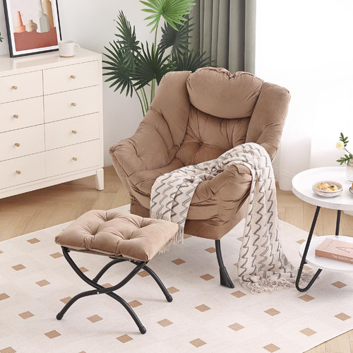 Lazy Chair with Ottoman, Modern Accent Chair with Armrests and a Side Pocket, Velvet Khaki Accent Chairs, Reading Chairs, Oversized Armchairs for Bedroom, Study, Living Room, Courtyard