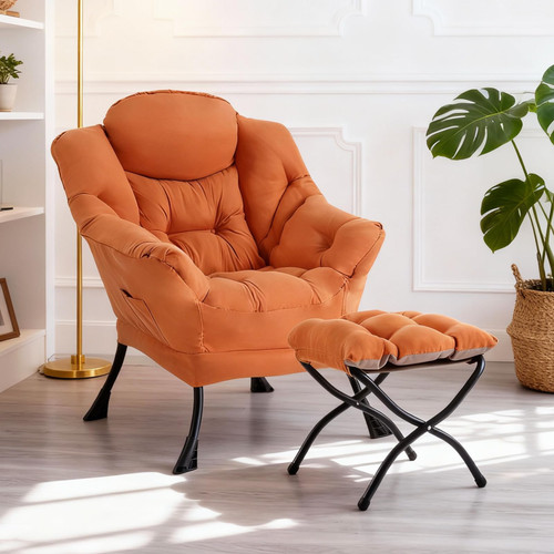 Lazy Chair with Ottoman, Modern Accent Chair with Armrests and a Side Pocket, Orange Accent Chairs, Reading Chairs, Oversized Armchairs for Bedroom, Study, Living Room, Courtyard