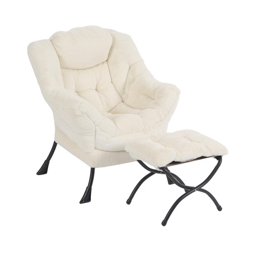 Lazy Chair with Ottoman, Modern Accent Chair with Armrests and a Side Pocket, Plush Beige Accent Chairs, Reading Chairs, Oversized Armchairs for Bedroom, Study, Living Room, Courtyard