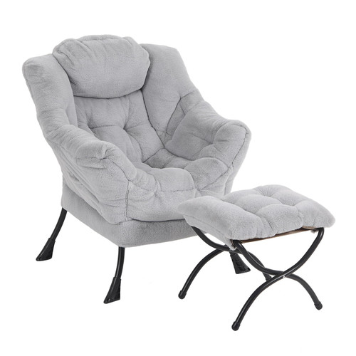 Lazy Chair with Ottoman, Modern Accent Chair with Armrests and a Side Pocket, Plush Grey Accent Chairs, Reading Chairs, Oversized Armchairs for Bedroom, Study, Living Room, Courtyard
