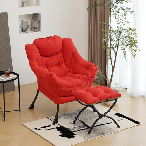 Lazy Chair with Ottoman, Modern Accent Chair with Armrests and a Side Pocket, Red Accent Chairs, Comfortable Reading Chairs, Oversized Armchairs for Bedroom, Study, Living Room, Courtyard