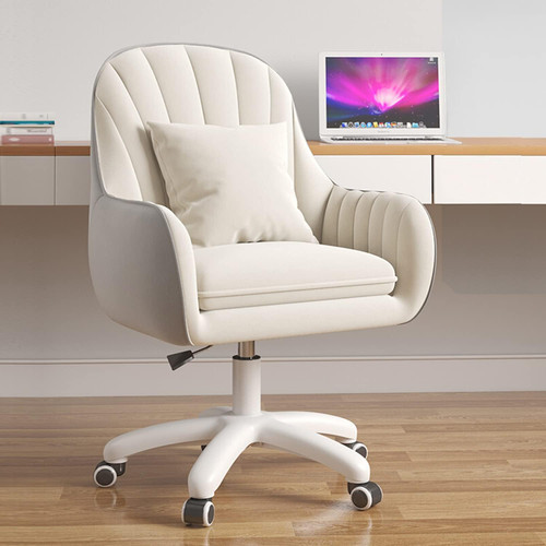 Mid Back Velvet Vanity Chair Swivel Rolling Desk Chair with Wheels, Modern Upholstered Makeup Chair for Women Girls, Computer Task Chair for Bedroom Living Room Office, White