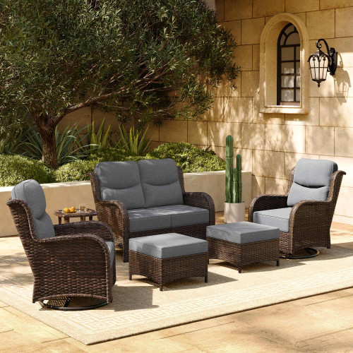 6-Piece Luxury Patio Furniture Set with 6" Thick Cushions, Weather-Resistant Wicker High Back Swivel Rocker Chairs, Senior-Friendly Outdoor Loveseat Set for Deck, Yard and Poolside, Gray(V2)