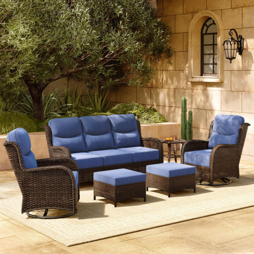 6-Piece Luxury Patio Furniture Set with 6" Thick Cushions, Weather-Resistant Wicker High Back Swivel Rocker Chairs, Senior-Friendly Outdoor Sofa Set for Large Deck, Yard and Poolside, Blue(V2)