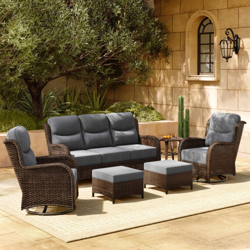 6-Piece Luxury Patio Furniture Set with 6" Thick Cushions, Weather-Resistant Wicker High Back Swivel Rocker Chairs, Senior-Friendly Outdoor Sofa Set for Large Deck, Yard and Poolside, Gray(V2)