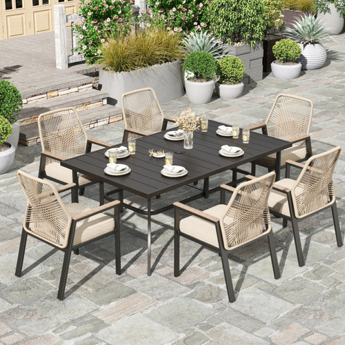 7 Pieces Patio Table and Chairs Set, Outdoor Dining Set for 7, 6 x Cushioned Woven Rattan Patio Chairs and 1 x Black Metal Table with Umbrella Hole, Outdoor Rattan Dining Set for Lawn