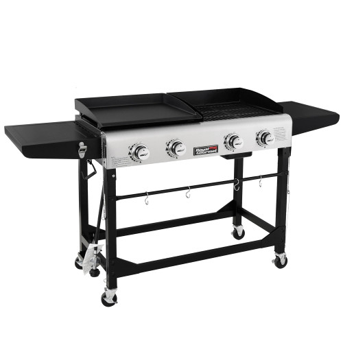 Portable Propane Gas Grill and Griddle Combo with Side Table | 4-Burner, Folding Legs,Versatile, Outdoor | Black 66 Inch