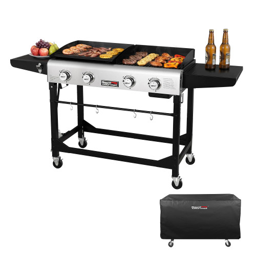 4-Burner Propane Gas Grill and Griddle Combo with Cover, Griddle Grill Combo with 48,000 BTUs Output for Outdoor Cooking While Camping or Tailgating, Black & Silver