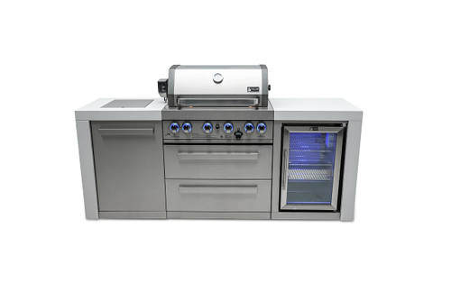 Deluxe Series Stainless Steel 82"W x 23"D Modular Outdoor Kitchen Island + Side Burner + Refrigerator + 32"W 4-Burner BBQ Gas Grill + White Granite Countertops + Storage Cabinets & Drawers