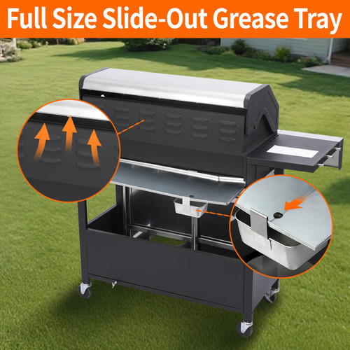 69000 BTU Output Propane Gas Grill with Side Burner and 6 Main Burners - Double-layer Stainless Steel Lid, Cast Iron Grids and Plate, Easy-Clean Grease Management for Perfect BBQs