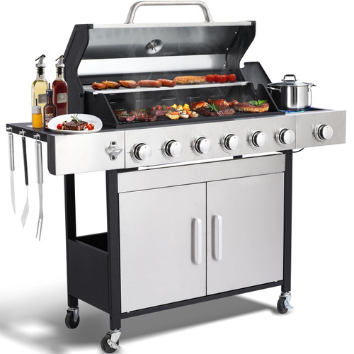 69000 BTU Output Propane Gas Grill with Side Burner and 6 Main Burners - Double-layer Stainless Steel Lid, Cast Iron Grids and Plate, Easy-Clean Grease Management for Perfect BBQs