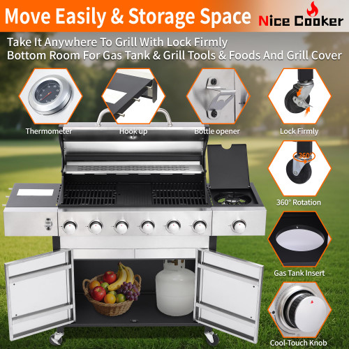 6-Burner Propane Gas BBQ Grill with Side Burner - 65850 BTU Total Output Stainless Steel Grills with Enameled Cast Iron Grill for Outdoor Backyard Barbecue, 620 SQ. IN. Cooking Area