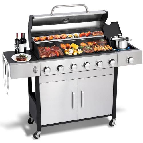 6-Burner Propane Gas BBQ Grill with Side Burner - 65850 BTU Total Output Stainless Steel Grills with Enameled Cast Iron Grill for Outdoor Backyard Barbecue, 620 SQ. IN. Cooking Area