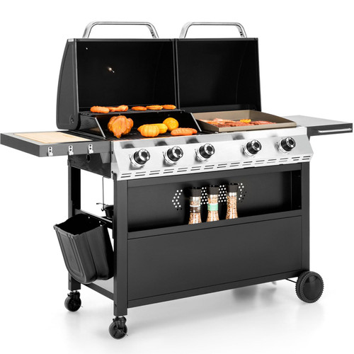 Gas Grill and Griddle Combo with Porcelain-Enameled Cast Iron Grates, Dual Outdoor BBQ Grill with Flat Top Griddle for Barbecue, 696 SQ.IN. Cooking Area