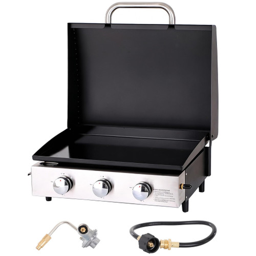 22" Flat Top Grill with Lid & Ceramic Coated Cast Iron Pan, 3-Burner Portable Tabletop Gas Propane Griddle for Outdoor, BBQ, Camping & Tailgating Barbecue, 24,000 BTU