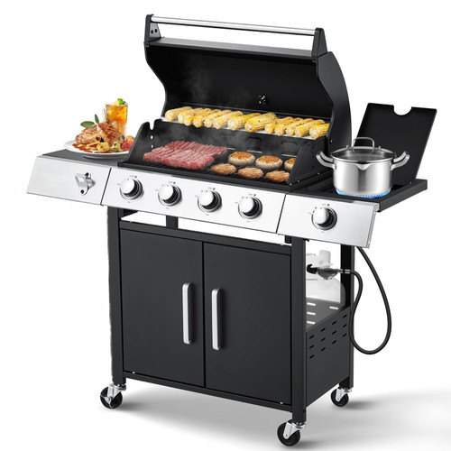 Upgraded 44,000 BTU Stainless Steel Burner Barbecue Grill, 4 Burner BBQ Propane Gas Grill with Side Stove & Cast Iron Grates for Patio, Camping, Outdoor Cooking