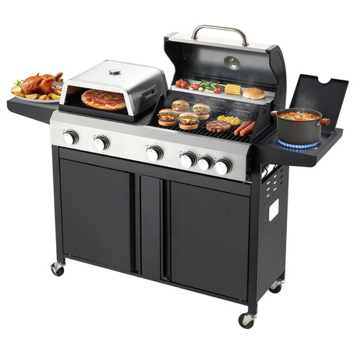 3 IN 1 Pizza Griddle Grill Combo, 74,000 BTU 5 Burner Stainless Steel Propane Gas Grill with Side Burner,Pizza Oven, Griddle and Porcelain Enameled Cast Iron Grates for Outdoor Patio Backyard