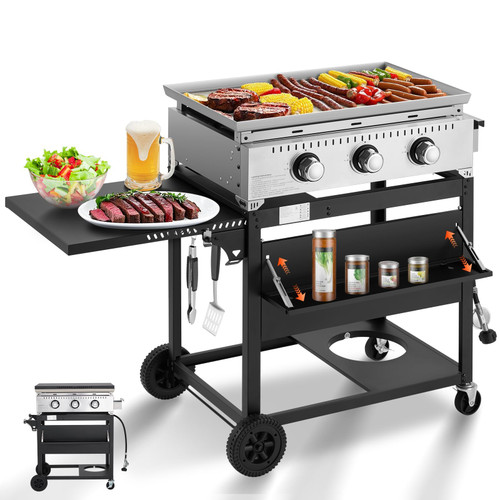 3 Burner 30000 BTU Outdoor Gas Griddle with Lid (Side Shelf), Portable Flat Top Griddle 28 Inch Heavy- Duty Cast lron Grill, Bottle Rack & Grease Pan for Camping, Picnic, Patio