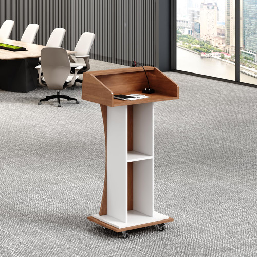 Mobile Wooden Podium Stand with Lockable Wheels Modern Presentation Blockboard Lectern Black Walnut Color with Storage Shelves for Office, Church, Classroom, Conference Room